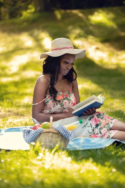 Attractive African Woman Reading Book Picnic — Stock Photo, Image