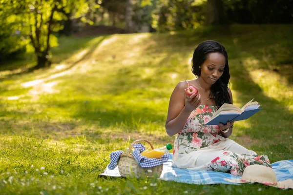 Attractive African Woman Reading Book Picnic — Stock Photo, Image