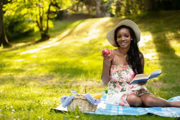 Atractiva Mujer Africana Está Leyendo Libro Picnic —  Fotos de Stock