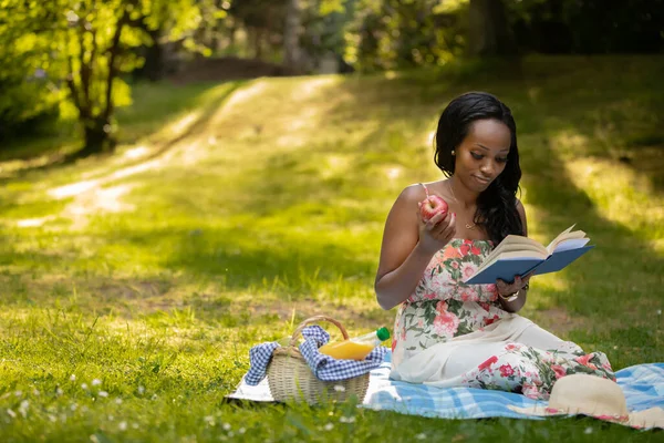 Привлекательная Африканская Женщина Читает Книгу Пикнике Лицензионные Стоковые Изображения
