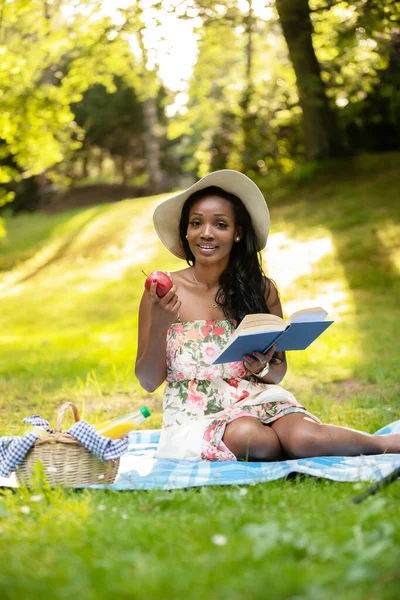 Привлекательная Африканская Женщина Читает Книгу Пикнике Стоковое Фото