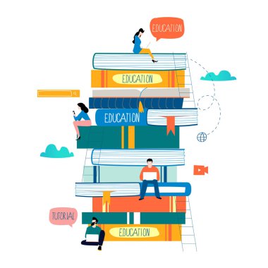 Eğitim, online eğitim kursları, uzaktan eğitim düz vektör çizim. Internet eğitim, online kitap, öğreticiler, e-eğitim, online eğitim tasarımı için mobil ve web grafikleri