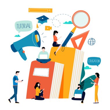 Eğitim, online eğitim kursları, uzaktan eğitim düz vektör çizim. Internet eğitim, online kitap, öğreticiler, e-eğitim, online eğitim tasarımı için mobil ve web grafikleri