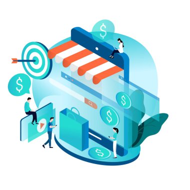 Modern, izometrik konsept online alışveriş, e-ticaret, internet mağaza, online vektör çizim tasarım için mobil ve web grafik satın almak
