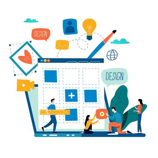 Web sitesi geliştirme, Web sitesi inşaat, web sayfası inşa süreci, Web sitesi düzeni ve arayüz geliştirme düz vektör illüstrasyon tasarımı mobil cihazlar için ve web grafik. Web tasarım konsepti