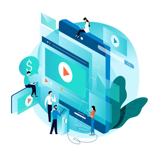 Video pazarlama kampanyası, video reklam, dijital içerik, promosyon, online reklam vektör çizim için modern izometrik kavramı. Dijital video mesajı, mobil cihazlar için çevrimiçi öğretici ve web grafik