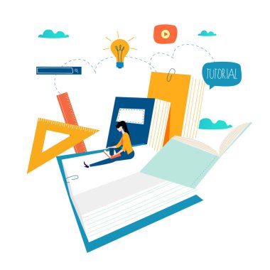 Eğitim, çevrimiçi eğitim kursları, uzaktan eğitim vektör illüstrasyonu. İnternet çalışması, çevrimiçi kitap, dersler, e-öğrenme, mobil ve web grafikleri için çevrimiçi eğitim tasarımı