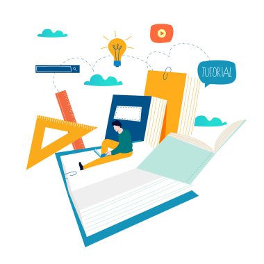 Eğitim, çevrimiçi eğitim kursları, uzaktan eğitim vektör illüstrasyonu. İnternet çalışması, çevrimiçi kitap, dersler, e-öğrenme, mobil ve web grafikleri için çevrimiçi eğitim tasarımı