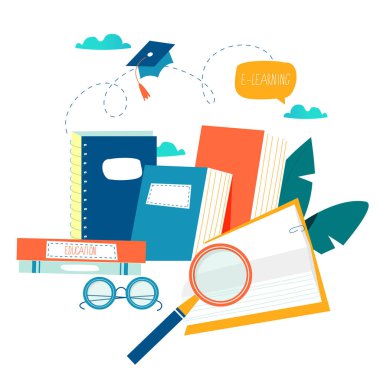 Eğitim, çevrimiçi eğitim kursları, uzaktan eğitim vektör illüstrasyonu. İnternet çalışması, çevrimiçi kitap, dersler, e-öğrenme, mobil ve web grafikleri için çevrimiçi eğitim tasarımı