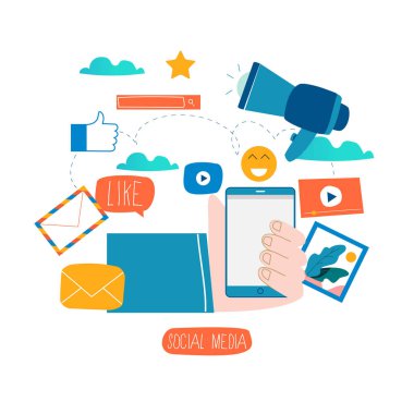 Sosyal medya, sosyal ağ, video ve fotoğraf paylaşımı, iletişim, sohbet ve cep için düz vektör çizim tasarım ve web grafik mesajlaşma