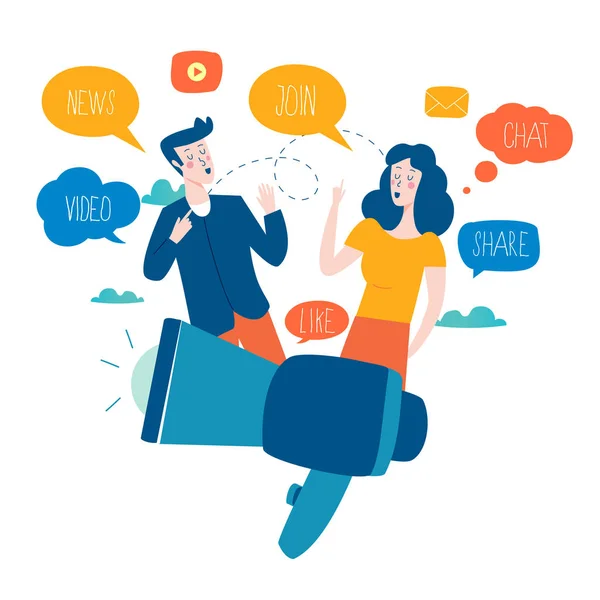 Sosyal medya, ağ, chat yapan, manifatura, iletişim, online topluluk, mesajlar, Yorumlar, Haberler düz vektör çizim. Konuşma balonları insanlarla. Mobil cihazlar için tasarım ve web grafik