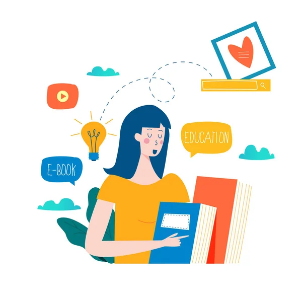 Eğitim, çevrimiçi eğitim kursları, uzaktan eğitim vektör illüstrasyonu. İnternet çalışması, çevrimiçi kitap, dersler, e-öğrenme, mobil ve web grafikleri için çevrimiçi eğitim tasarımı