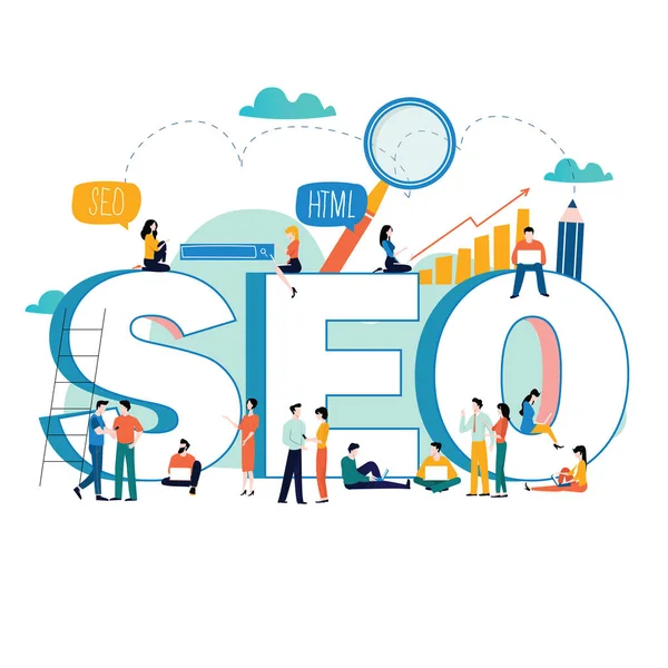 SEO, arama motoru optimizasyonu, anahtar kelime araştırma, Pazar araştırması düz vektör çizim. Bir grup insan SEO kelime. Web sitesi kodlama, Internet Arama Optimizasyonu için mobil ve web grafikleri