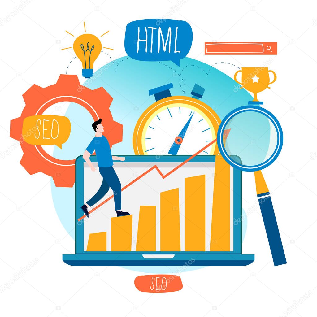 SEO, search engine optimization, keyword research, market research flat vector illustration. SEO concept. Web site coding, internet search optimization design for mobile and web graphics