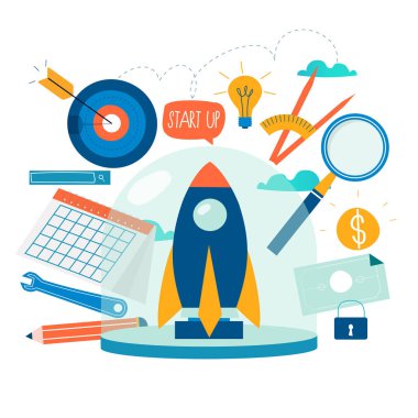 İş projesi sürecini başlatmak, denize indirmek, proje yönetimi, iş araştırma düz iş vektör çizim tasarım fikri kadar başlangıç