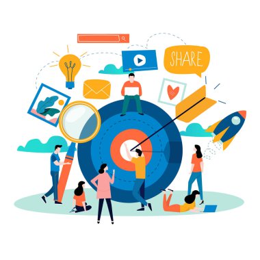 Sosyal medya, sosyal ağ, online topluluk, video ve fotoğraf paylaşımı, iletişim, sohbet ve cep için düz vektör çizim tasarım ve web grafik mesajlaşma