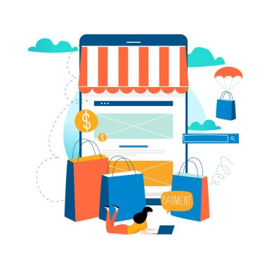 Online mağaza online alışveriş, e-alışveriş, e-ticaret, online satın alma, internet satış düz vektör çizim tasarım mobil ve web grafik,