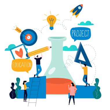 Araştırma, eğitim, Fen Laboratuarı, bilimsel deney, test, kimya araştırma düz vektör çizim tasarım için mobil ve web grafik. Bilim araştırma kavramı