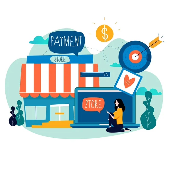Online mağaza online alışveriş, e-alışveriş, e-ticaret, online satın alma, internet satış düz vektör çizim tasarım mobil ve web grafik,