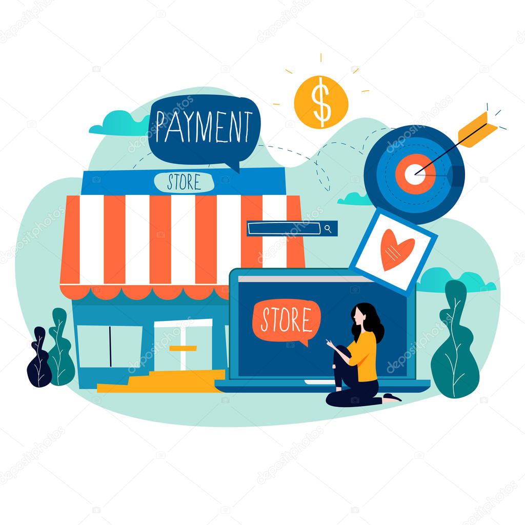 Online store, online shopping, e-shopping, e-commerce, purchasing online, internet sale flat vector illustration design for mobile and web graphics