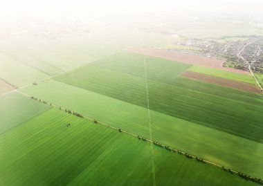 Yeşil kırsal bahar alanları uçak penceresinden hava görünümü