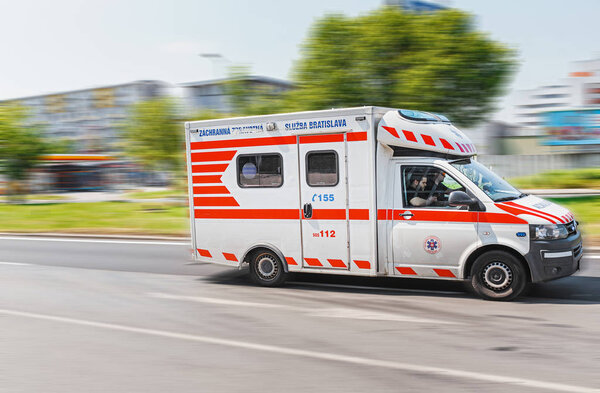 12 MAY 2018, SLOVAKIA, BRATISLAVA: Emergency ambulance riding on the street in Bratislava city