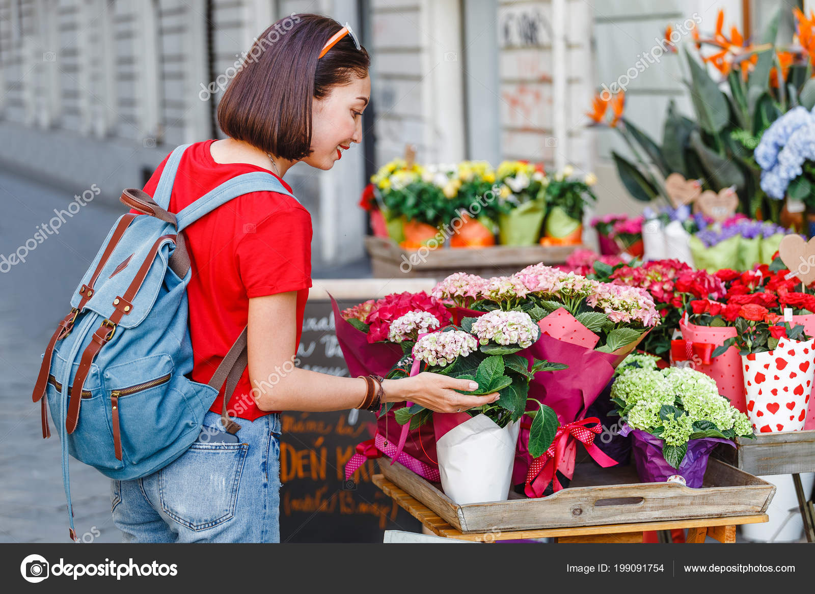 Woman Buyer Selects Smells Bouquets Buying Flower Shop Street Stock