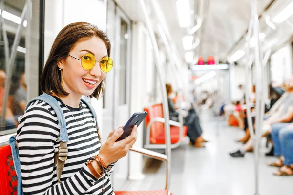 Asian Woman Hipster Tourist Travels Subway Using Smartphone Modern Train — Stock Photo, Image