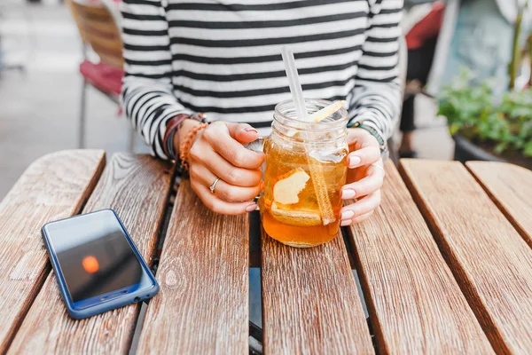 Happy Female Hipster Student Drinks Cool Lemonade Straw Summer Outdoor — Stock Photo, Image