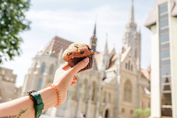 Turistens Hånd Holder Fastfood Dessert Baggrund Det Vigtigste Syn Budapest - Stock-foto