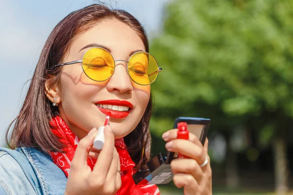 Young Smiling Hipster Happy Woman Doing Make Using Lipstick Mirror — Stock Photo, Image