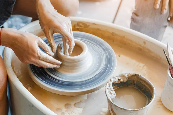 Top View Hands Clay Making Ceramic Pot Pottery Wheel Hobby — Stock Photo, Image