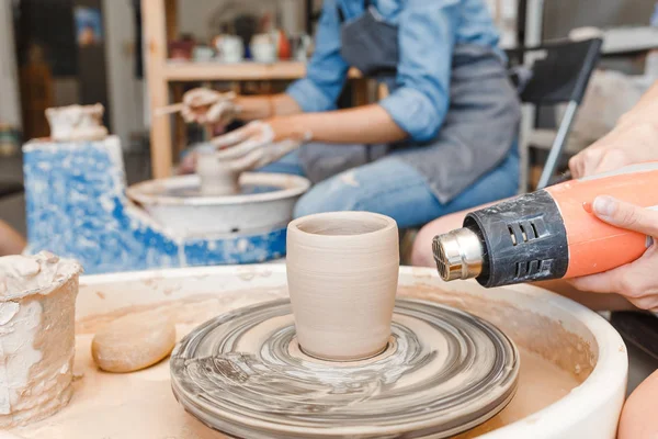 Woman Dries Wet Clay Ware Potter Wheel Workshop — Stock Photo, Image