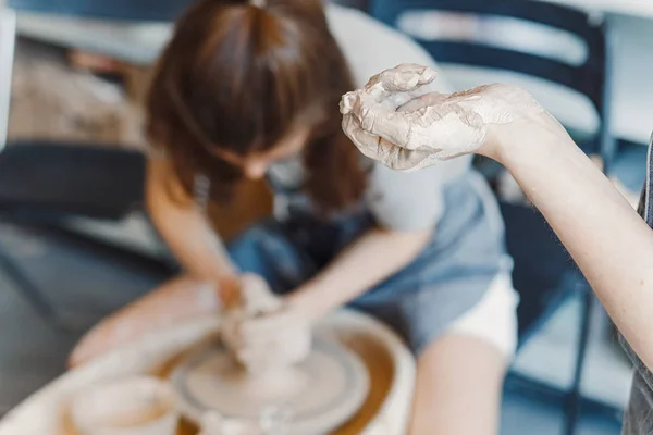 Top View Hands Clay Making Ceramic Pot Pottery Wheel Hobby — Stock Photo, Image