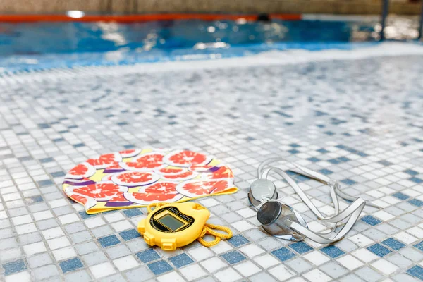 Swimming Pool Equipment Swim Cap Stopwatch Goggles — Stock Photo, Image