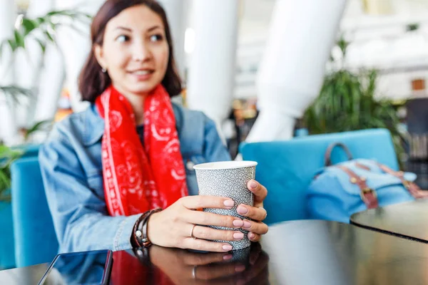 Cute Hipster Girl Sitting Take Away Coffee Airport — Stock Photo, Image