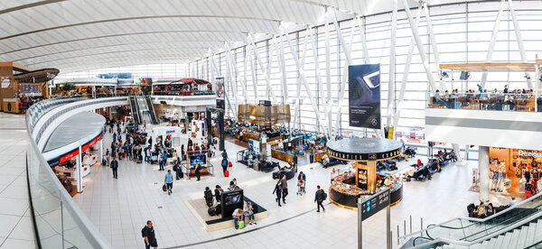 16 MAY 2018, BUDAPEST HUNGARY: International Airport (BUD) Franz Liszt panoramic interior with cafe, gates and duty free