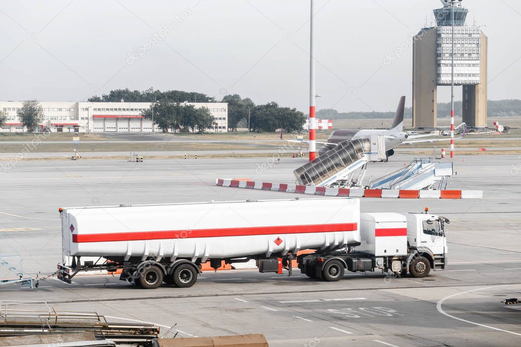 Gasoline truck for refueling aircraft, maintenance service at the airport.