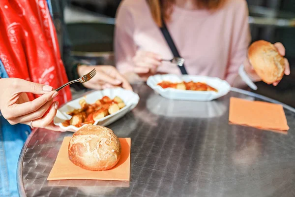 Woman Eating Currywurst Bread Berlin Street Food Cafe Local German — Stock Photo, Image