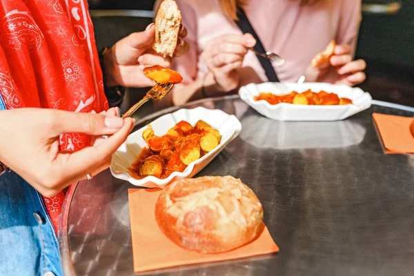 Woman Eating Currywurst Bread Berlin Street Food Cafe Local German — Stock Photo, Image