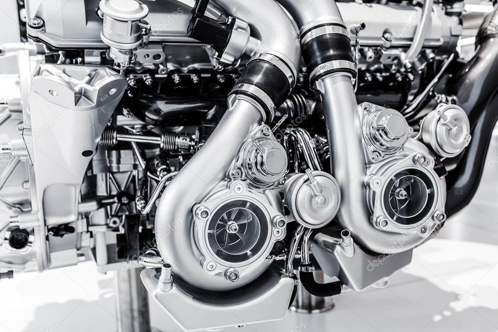 Close-up detail view of the internal combustion engine of a powerful sport car