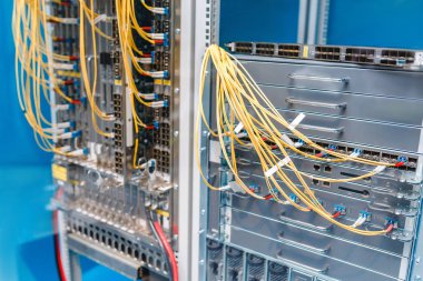 fiber optik ağ yönlendiricisi, bağlantı noktaları ve kablolar, internet ve teknoloji kavramı closeup