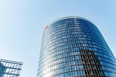 BERLIN, GERMANY - 19 MAY 2018: Deutsche Bahn sign on skyscraper in Potsdamer Platz.