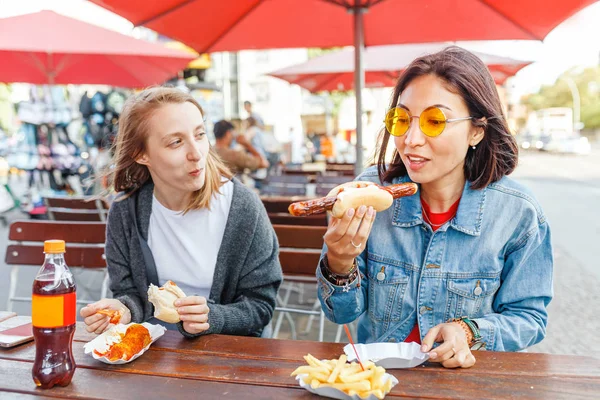 Woman Eating Currywurst Fast Food German Sausage Outdoor Street Food — Stock Photo, Image