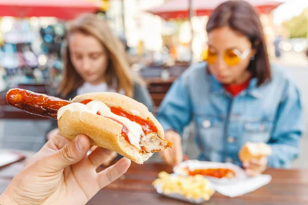 Woman Eating Currywurst Fast Food German Sausage Outdoor Street Food — Stock Photo, Image