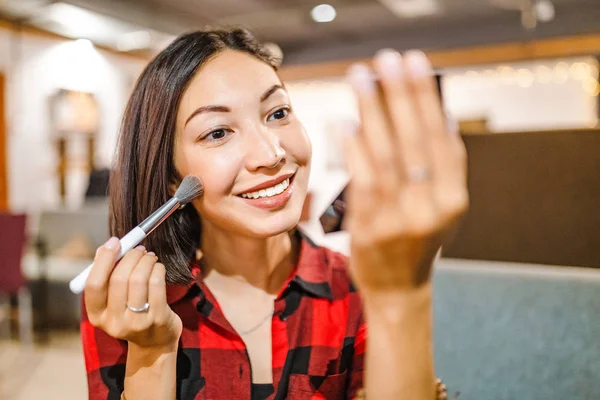 Modern Business Freelance Woman Doing Make Lunch Time Cafe — Stock Photo, Image