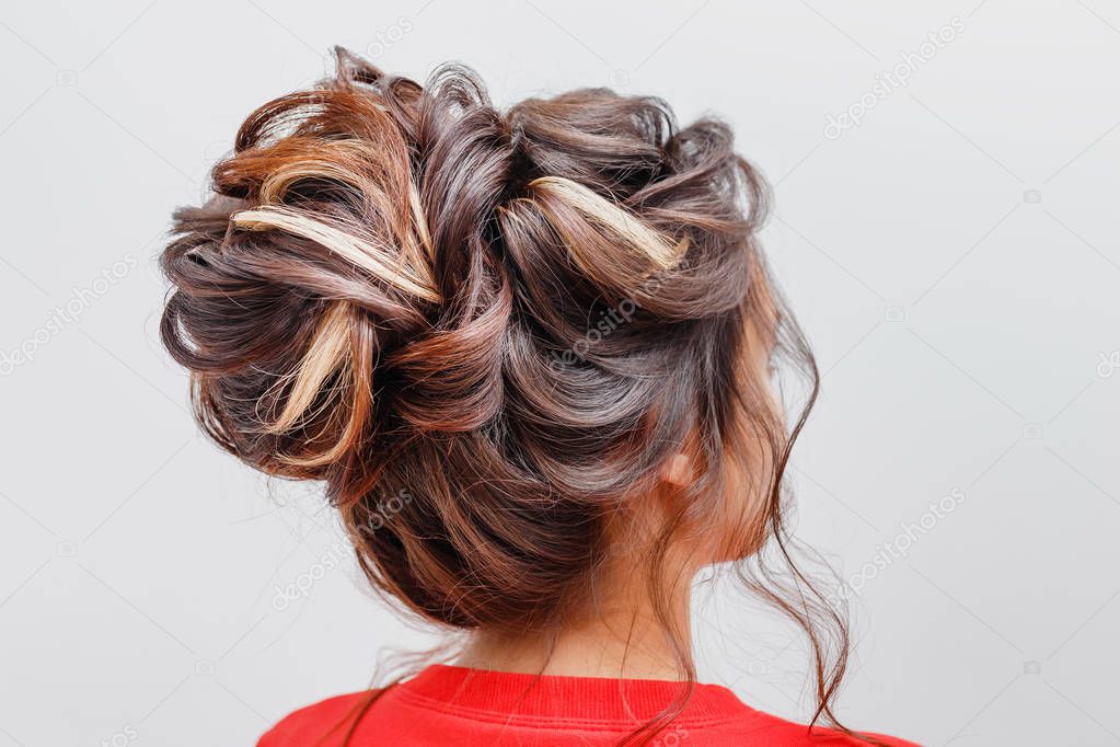 Beauty wedding or evening hairstyle. Rear back view