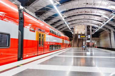 Moskova, Rusya - 23 Mayıs 2018: Yeni Aeroexpress Tren İstasyonu'na havaalanından tren