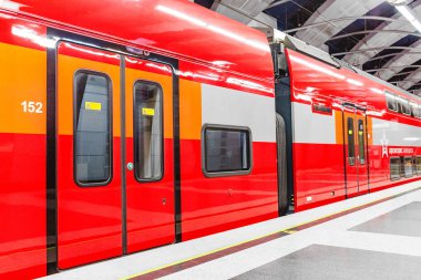 Moskova, Rusya - 23 Mayıs 2018: Yeni Aeroexpress Tren İstasyonu'na havaalanından tren