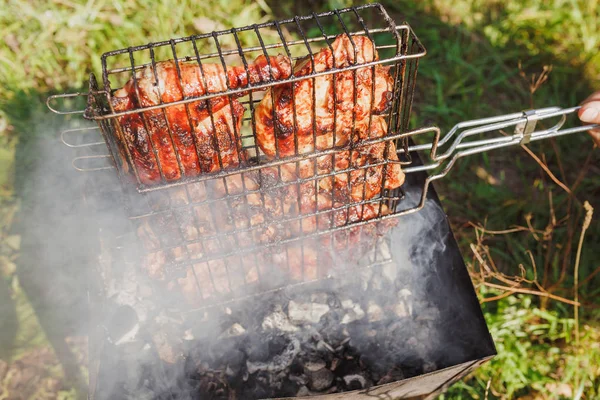 Válogatott Csirke Disznóhús Barbecue Grill Hús Főtt Nyári Napon Szabadban — Stock Fotó